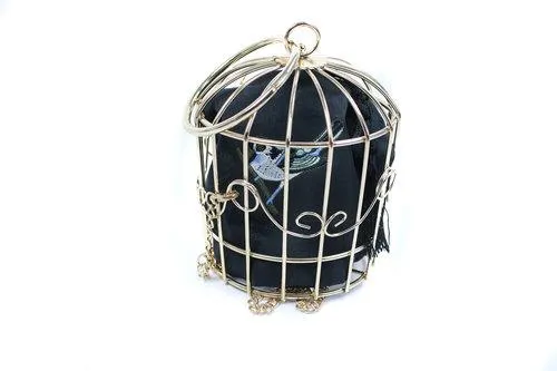 metal bird cage gold spiral bird embroidered pouch evening bag clutch- Tweety