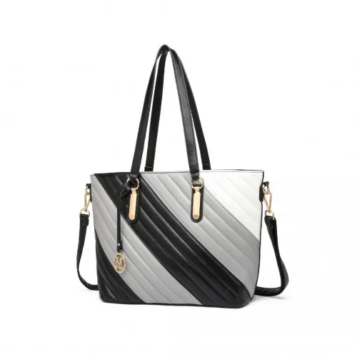 Miss Lulu Contrast Colour Twill Leather Handbag Tote Bag - Black And Grey | Elegant & Versatile