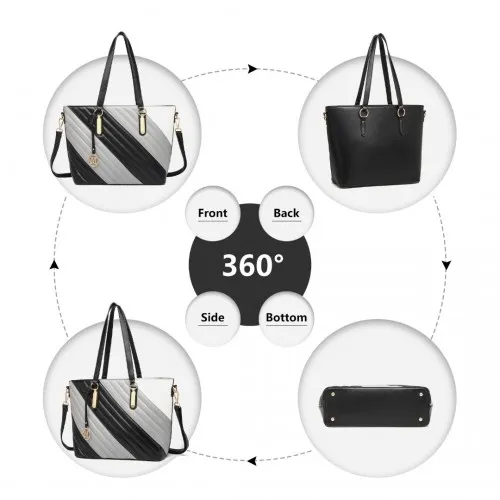 Miss Lulu Contrast Colour Twill Leather Handbag Tote Bag - Black And Grey | Elegant & Versatile