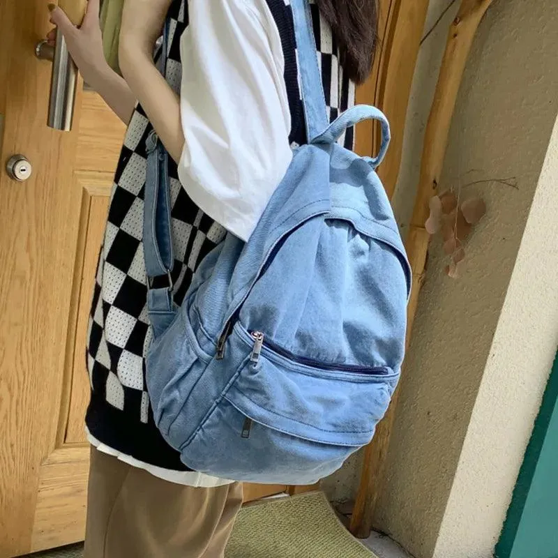 Multifunction Denim Cool Backpack EN257 - Korean Style Blue School Bag