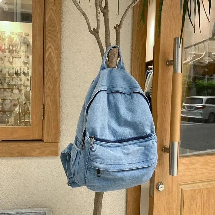 Multifunction Denim Cool Backpack EN257 - Korean Style Blue School Bag