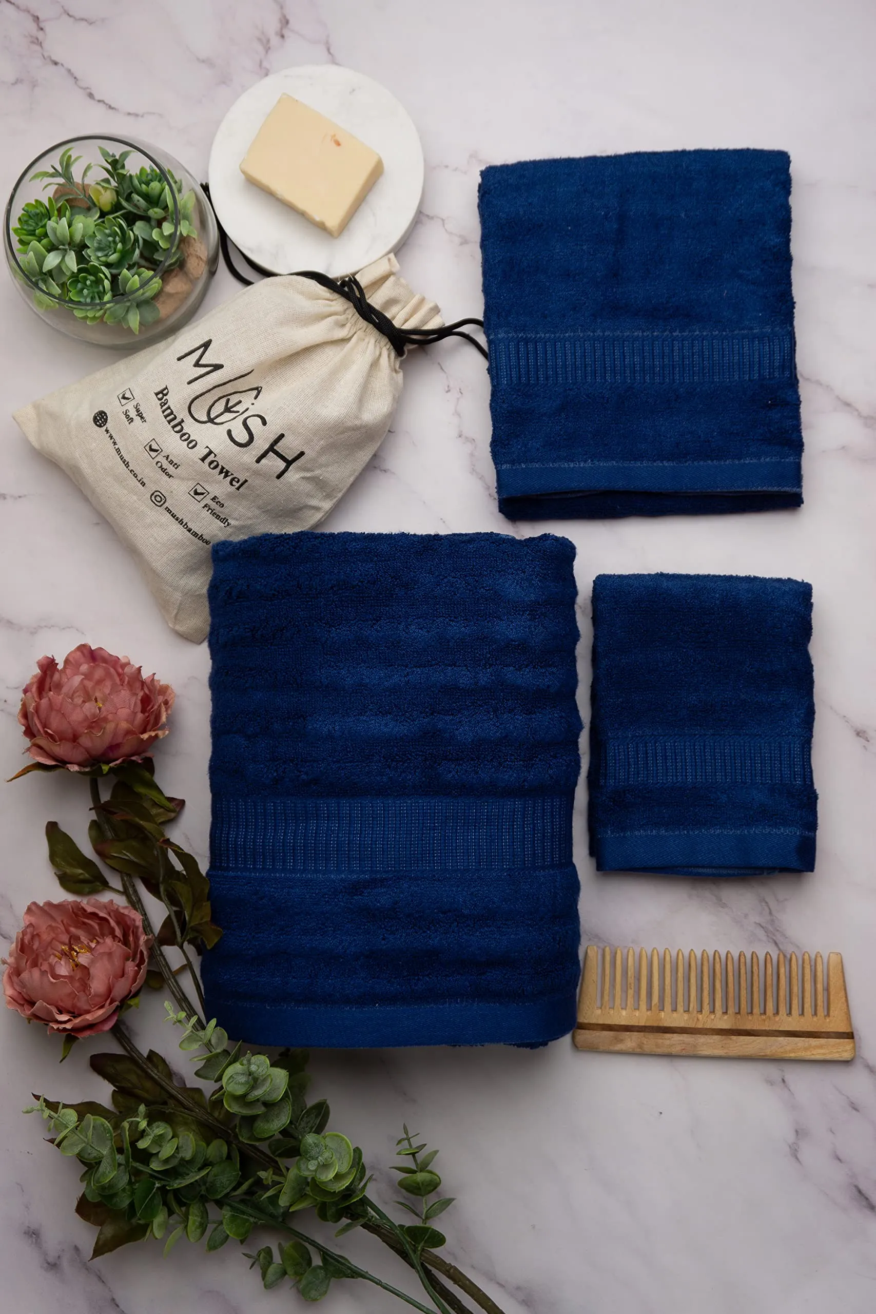 Mush Bamboo Towel: Ultra Soft, Absorbent, Eco Friendly 600 GSM 6 Pieces (2 Bath, 2 Hand, 2 Face) (Navy & Sky)