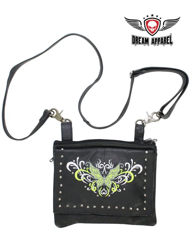 Naked Cowhide Leather Lime Green Butterfly Belt Bag W/ Studs