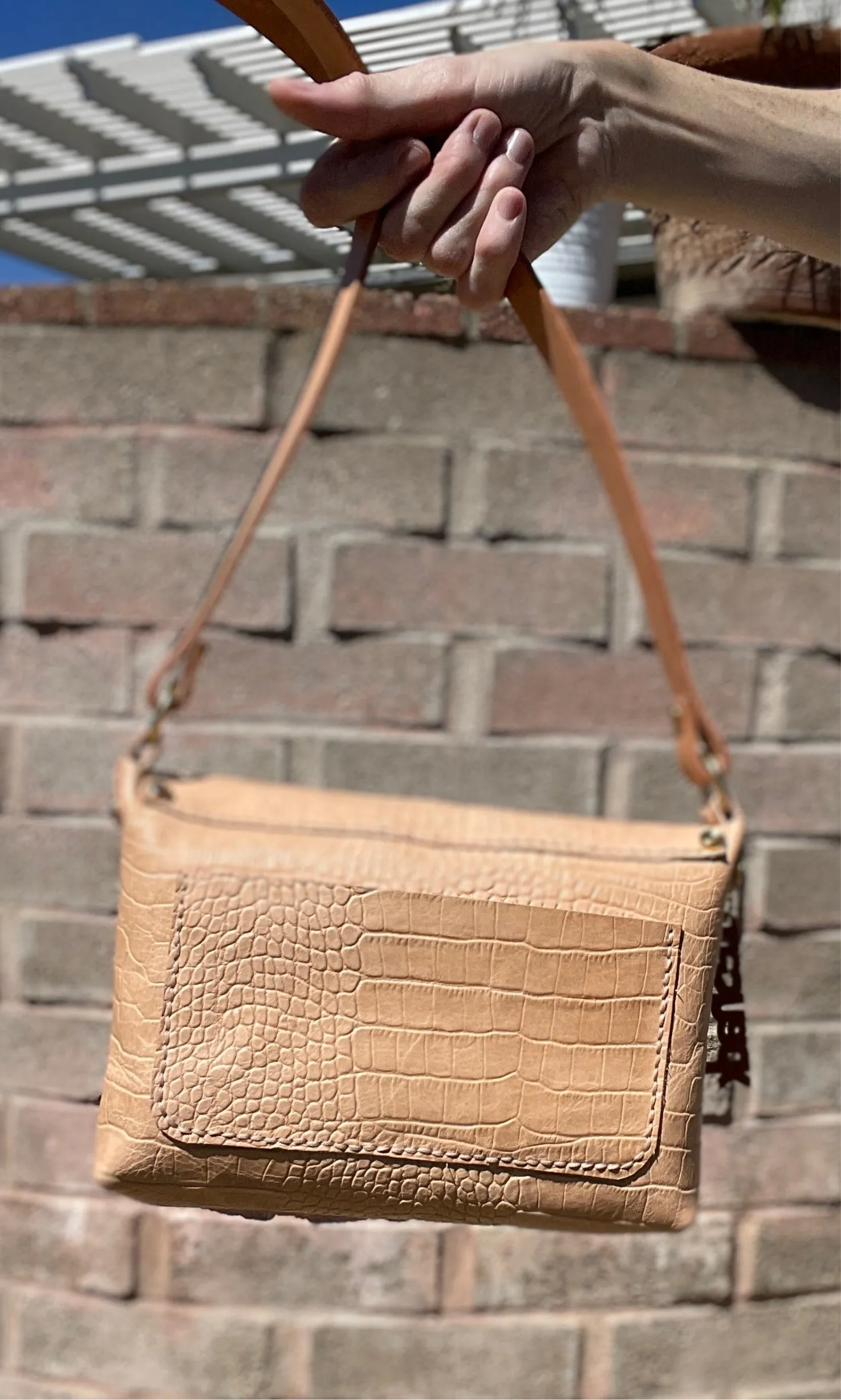 Natural Veg Tan Reptile Embossed Small Crossbody Messenger Bag