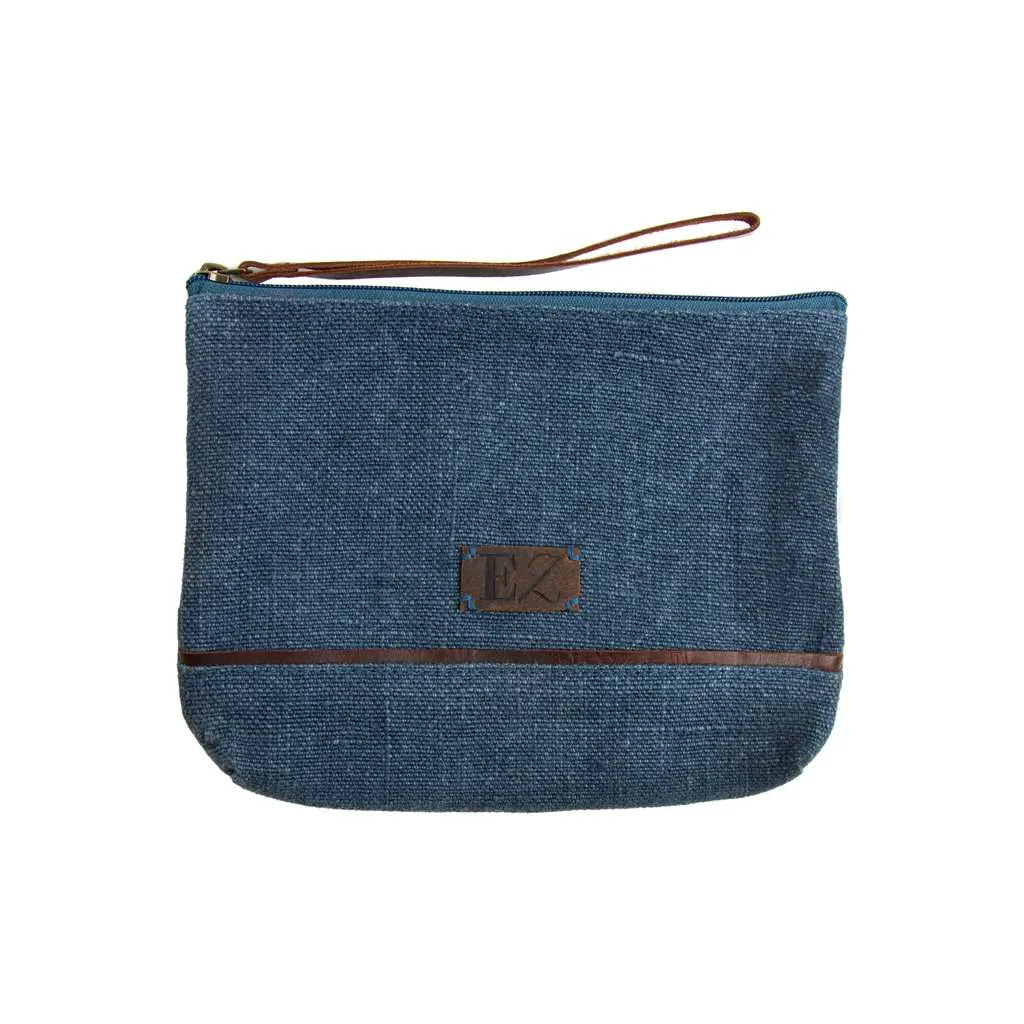 Navy Jute Clutch Style Bag with Leather Handle