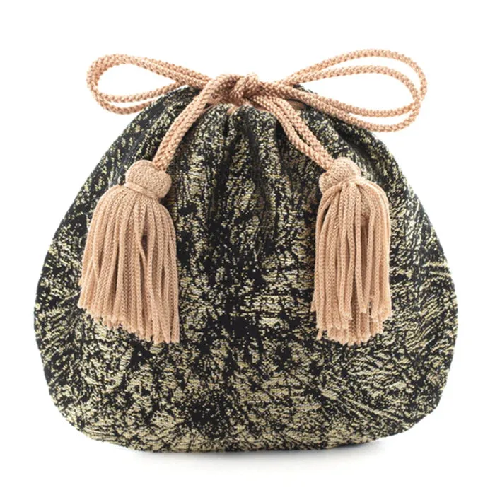 Nishijin-ori Small Drawstring Bag - Crumpled Pattern / Gold and Black -,  Made in Kyoto, Japan,  Japanese traditional craft purse