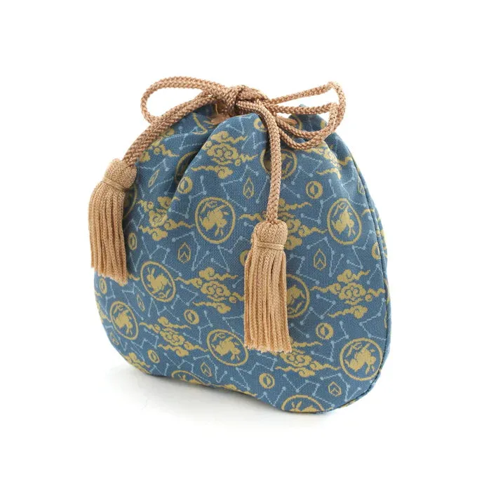 Nishijin-ori Small Drawstring Bag - Rabbit / Blue -,  Made in Kyoto, Japan,  Japanese traditional craft purse