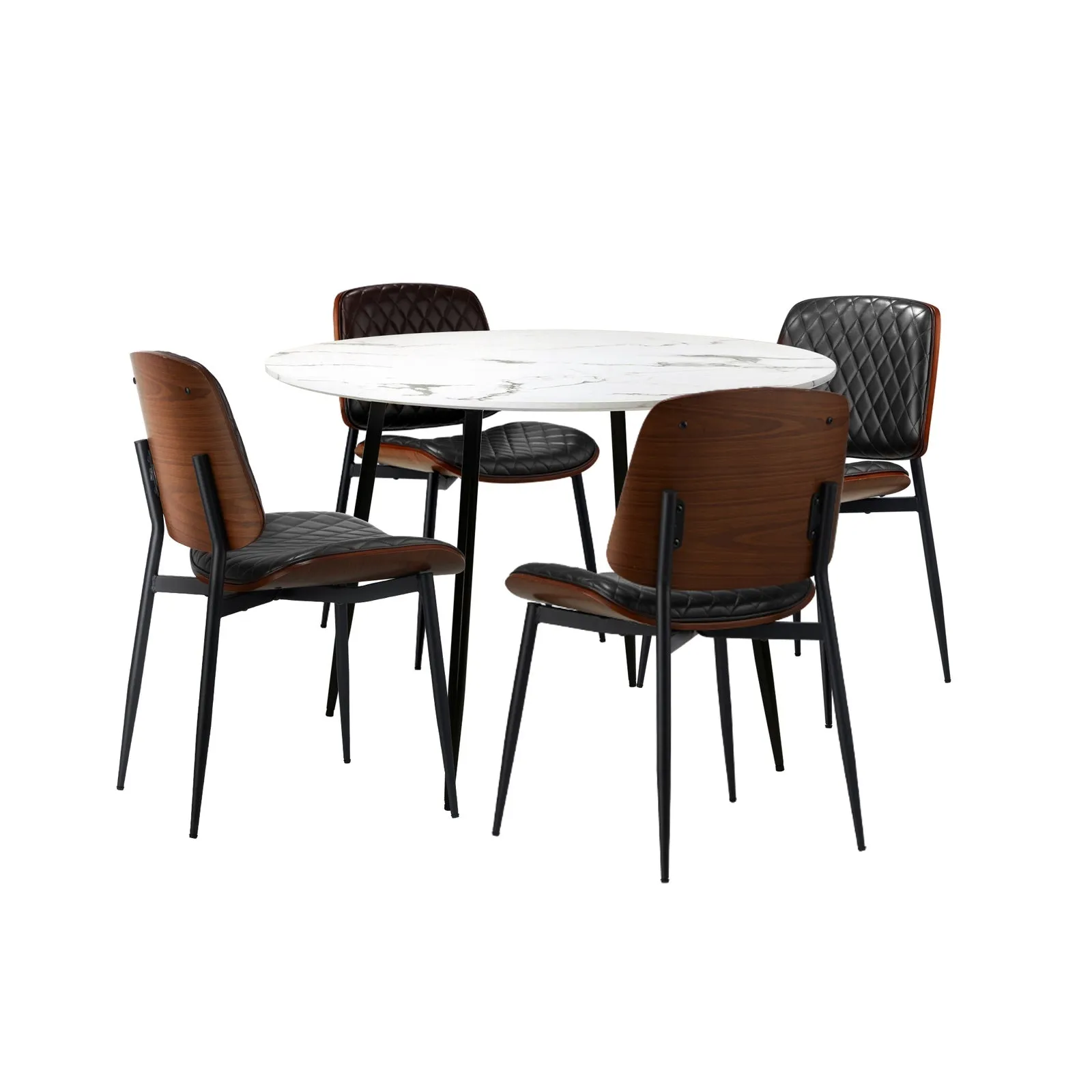 Oikiture 110cm Round Dining Table with 4PCS Dining Chairs PU Black