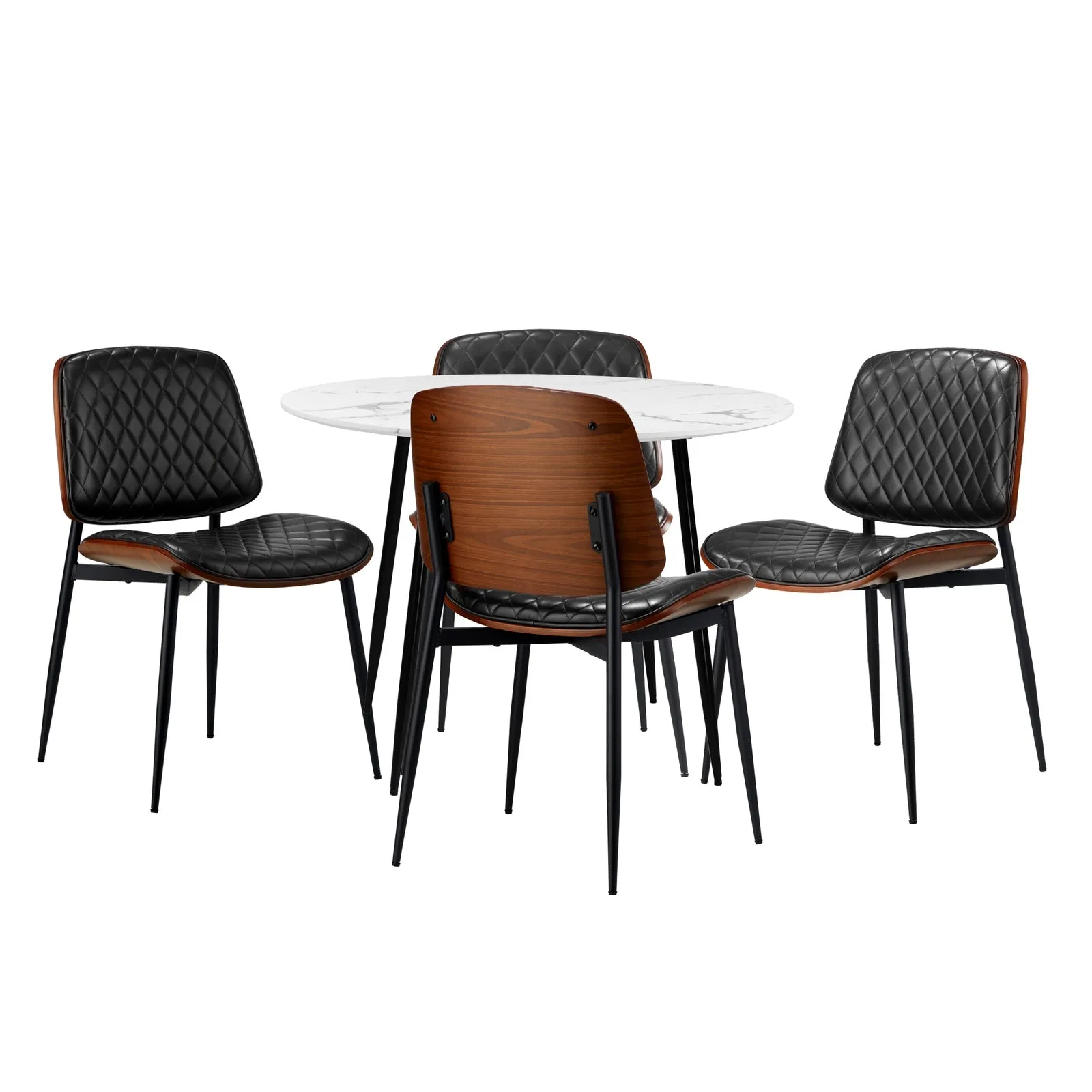 Oikiture 110cm Round Dining Table with 4PCS Dining Chairs PU Black