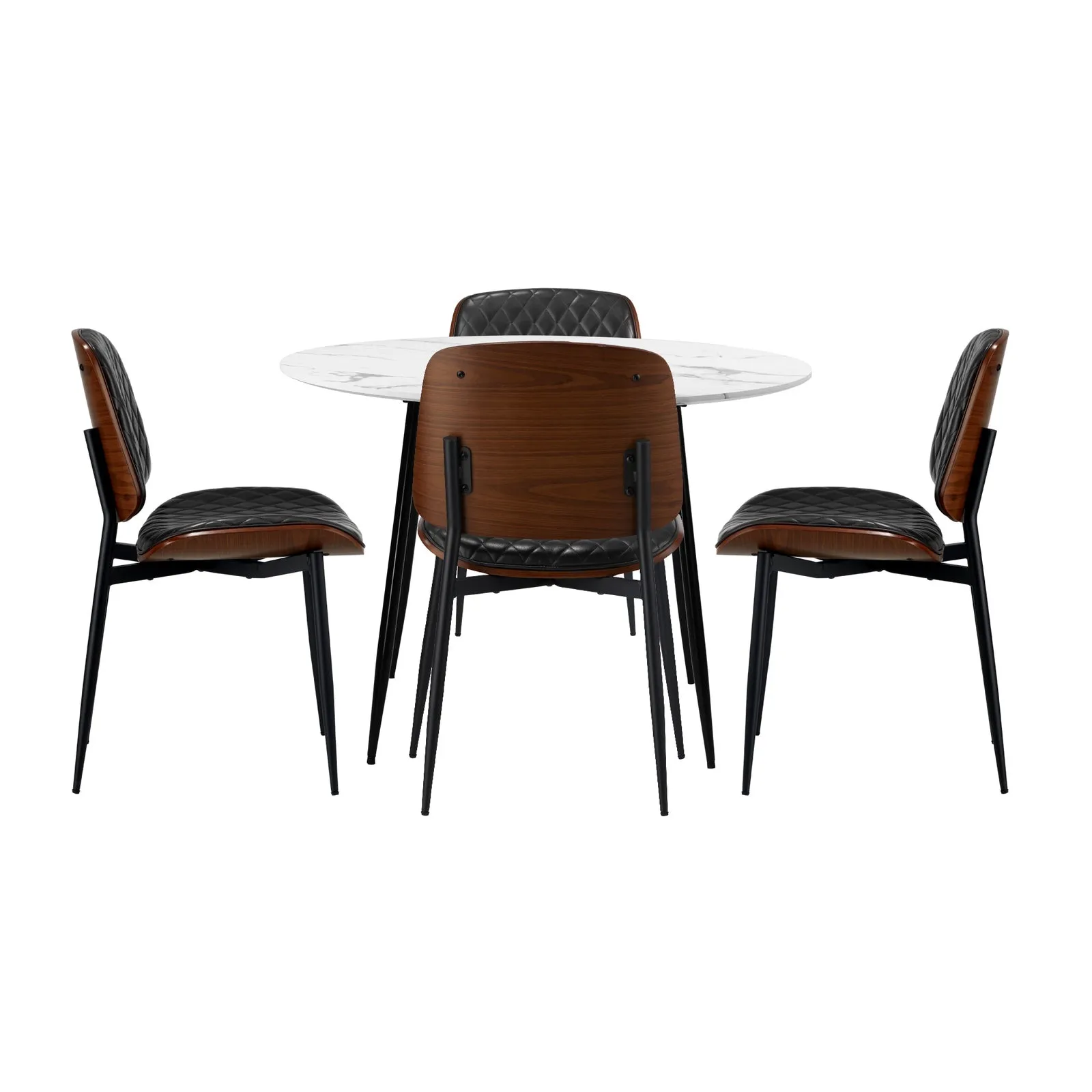 Oikiture 110cm Round Dining Table with 4PCS Dining Chairs PU Black