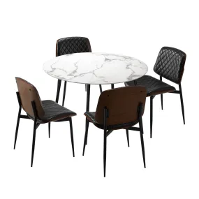 Oikiture 110cm Round Dining Table with 4PCS Dining Chairs PU Black