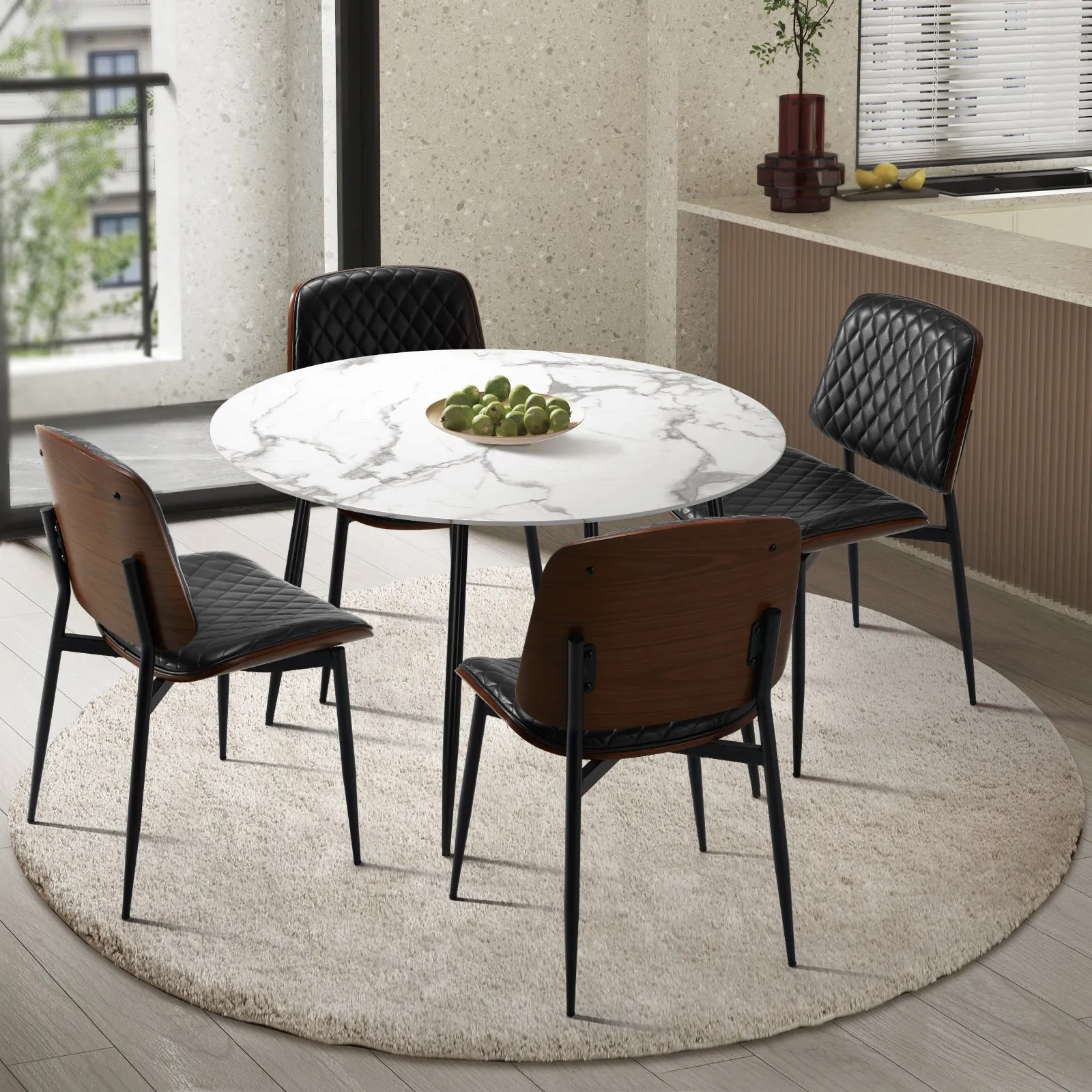 Oikiture 110cm Round Dining Table with 4PCS Dining Chairs PU Black