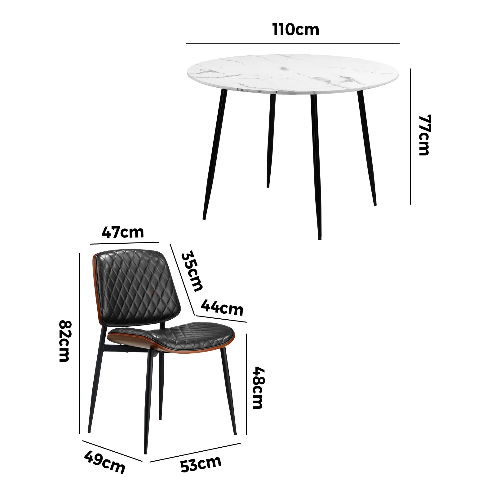 Oikiture 110cm Round Dining Table with 4PCS Dining Chairs PU Black