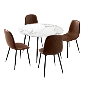 Oikiture 110cm Round Dining Table with 4PCS Dining Chairs PU Brown