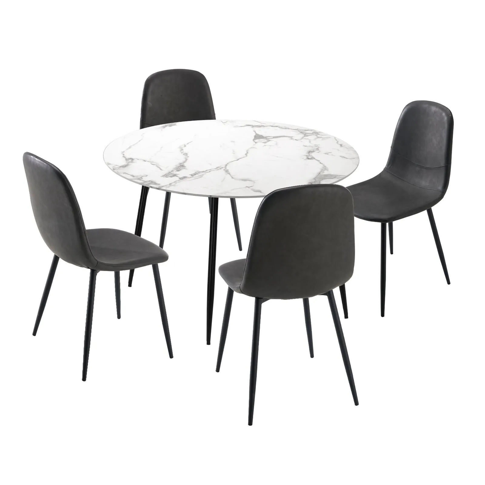 Oikiture 110cm Round Dining Table with 4PCS Dining Chairs PU Grey