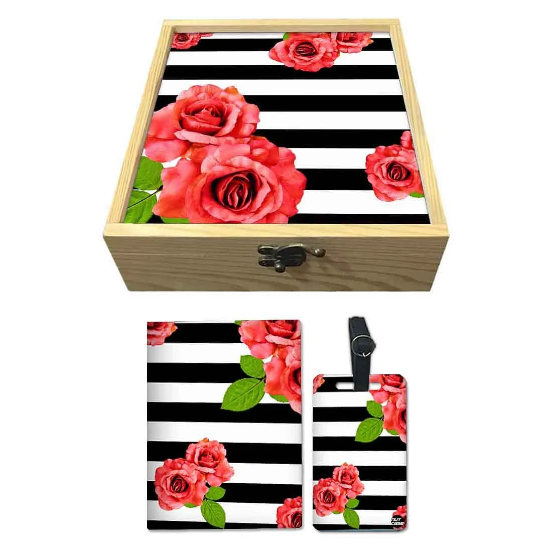 Passport Cover Luggage Tag Wooden Gift Box Set - Red Rose