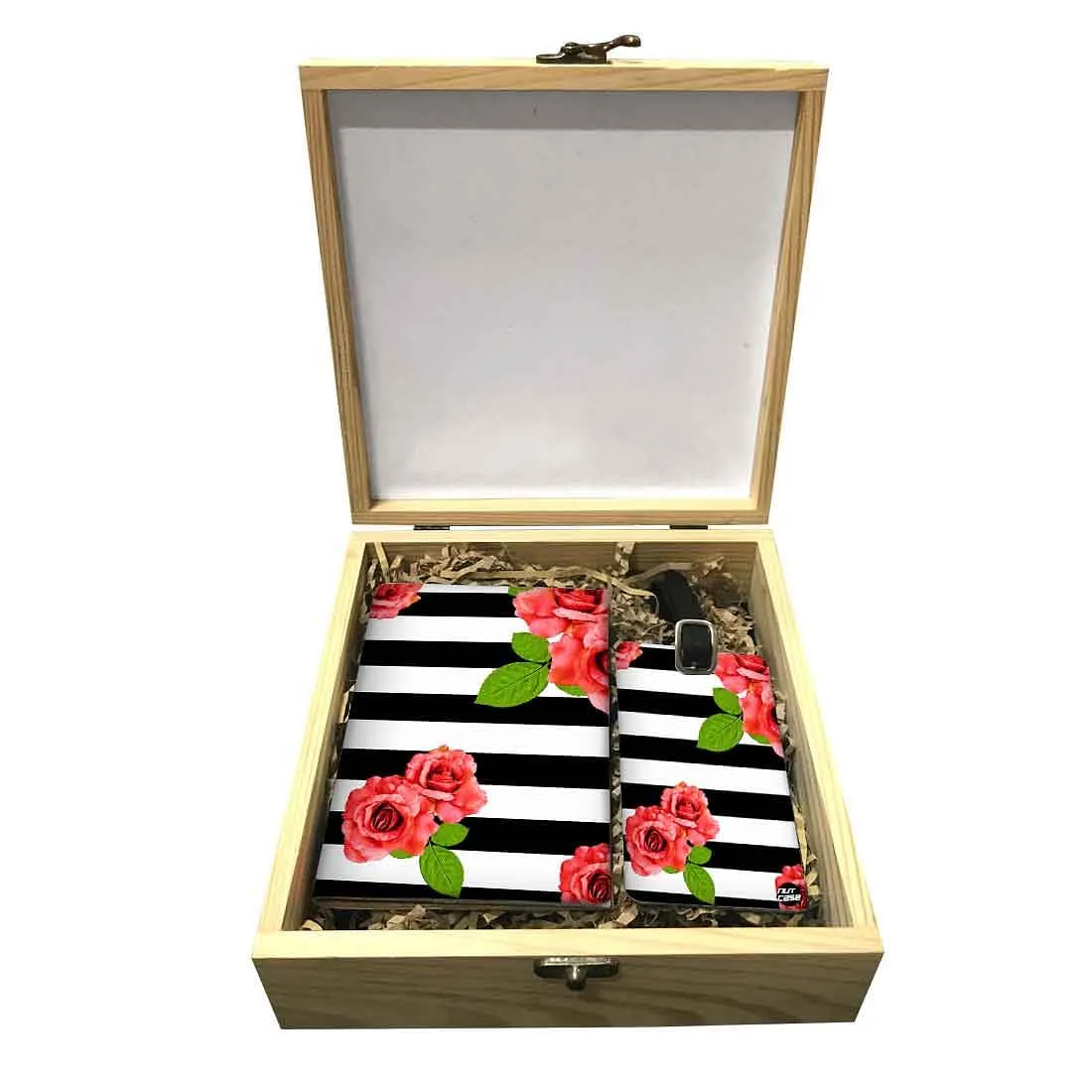 Passport Cover Luggage Tag Wooden Gift Box Set - Red Rose