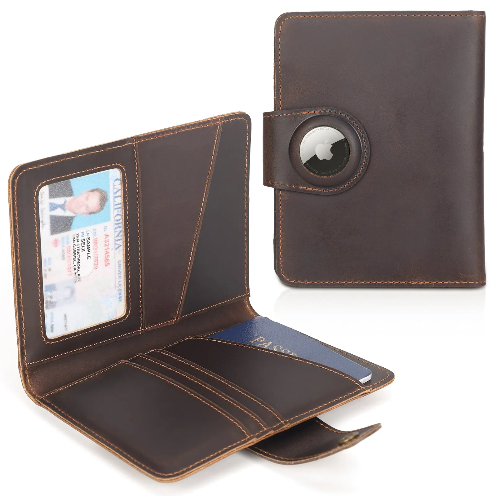 Polare Full Grain Leather Slim and Soft RFID Blocking wallet Snap Travel Passport Holders 2 Passports with AirTag Slot (Dark Brown/Black)