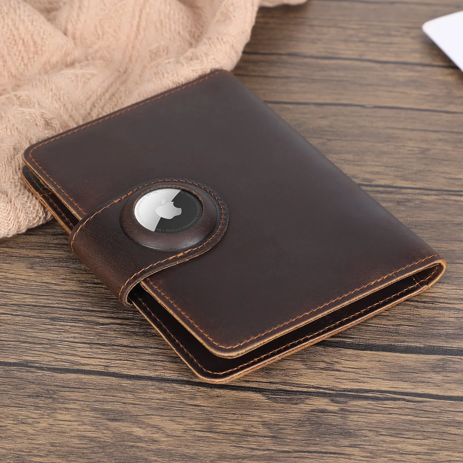 Polare Full Grain Leather Slim and Soft RFID Blocking wallet Snap Travel Passport Holders 2 Passports with AirTag Slot (Dark Brown/Black)