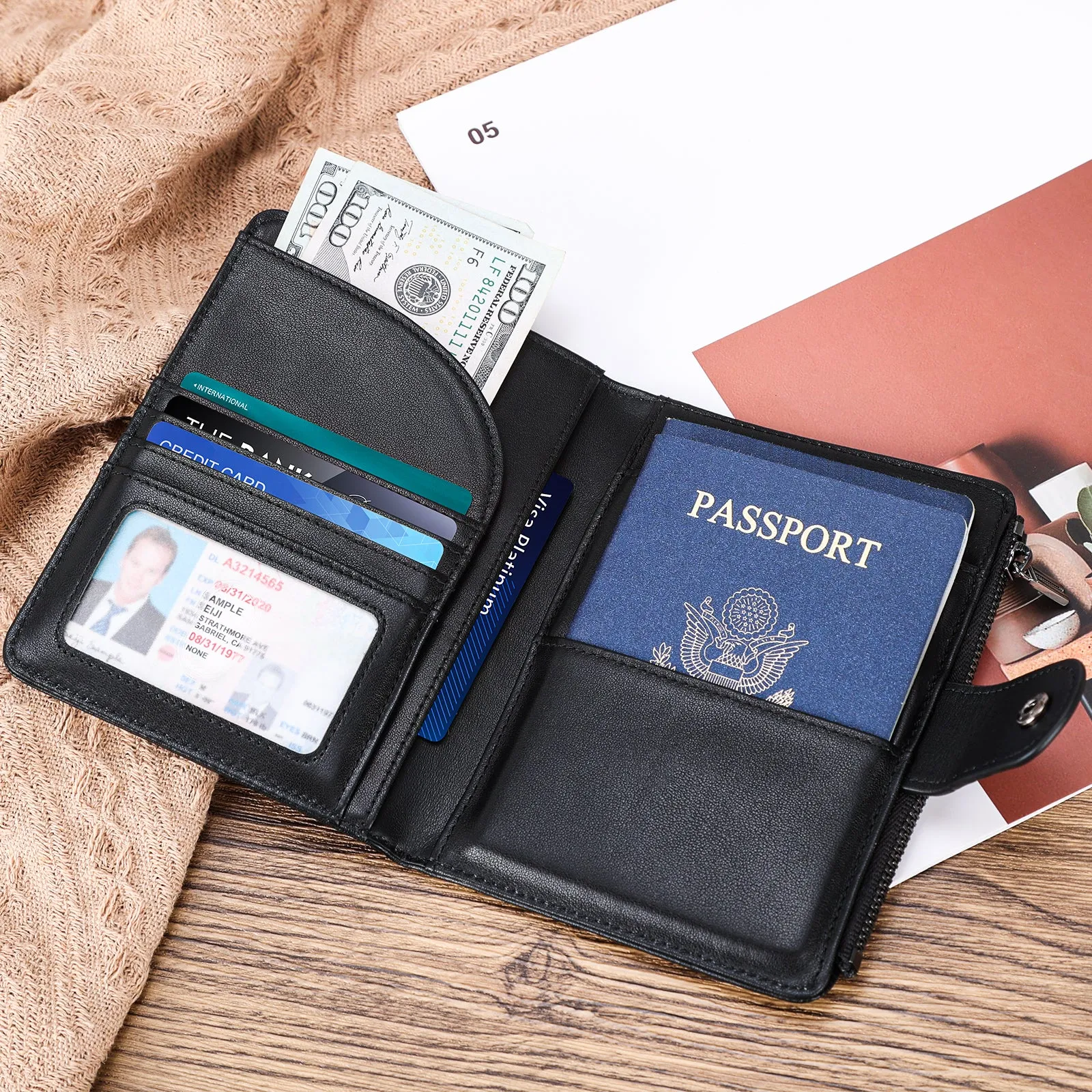 Polare Full Grain Leather Travel Passport Holder with YKK Zipper Pocket Snap Passports Cover RFID Blocking Passport Wallet Holders 2 Passports