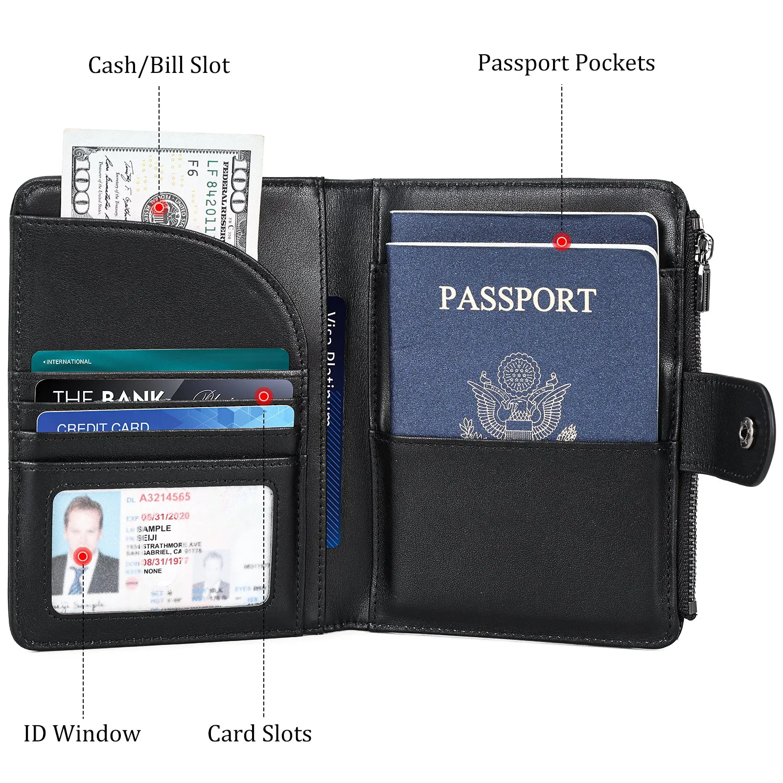 Polare Full Grain Leather Travel Passport Holder with YKK Zipper Pocket Snap Passports Cover RFID Blocking Passport Wallet Holders 2 Passports