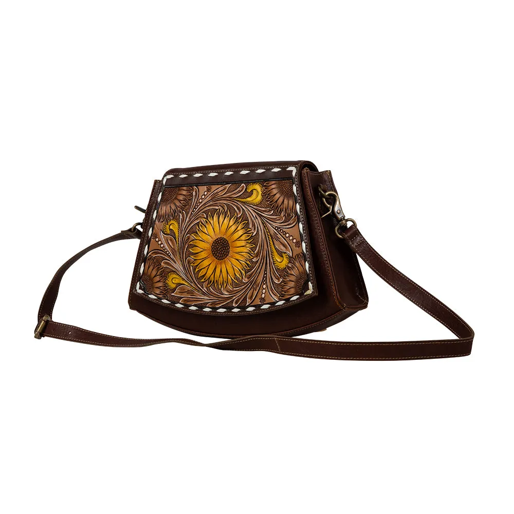 Showy Sunflower Trapezoid Hand-Tooled Bag