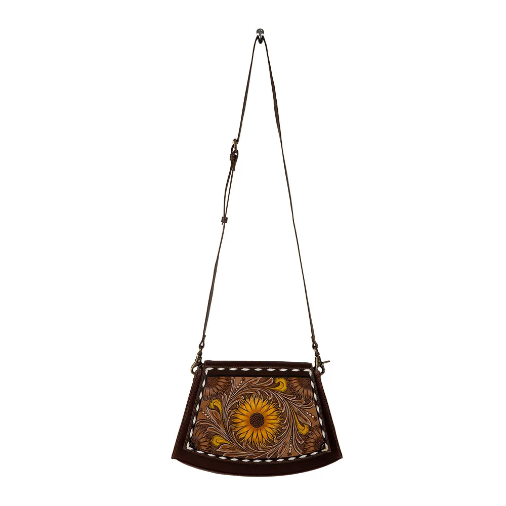 Showy Sunflower Trapezoid Hand-Tooled Bag