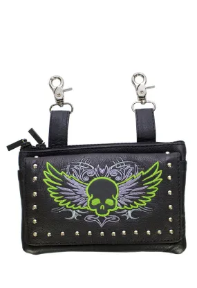 Studded Naked Cowhide Leather Lime Green Skull Belt Bag