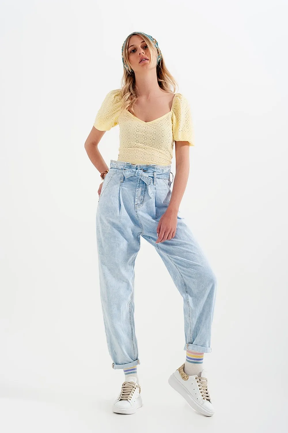 Tapered Leg Jeans With Paper Bag Waist in Light Vintage Wash