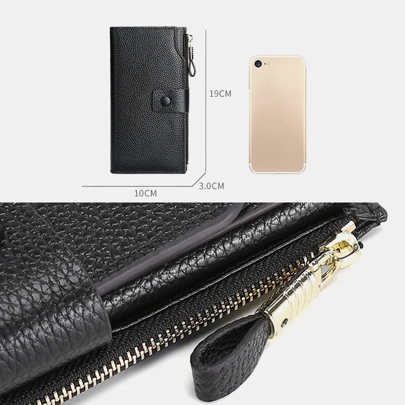 Unisex Genuine Leather RFID Anti-theft Lychee Pattern 5.8 Inch Phone Bag Clutch Purse Multi-slot Card Holder Wallet