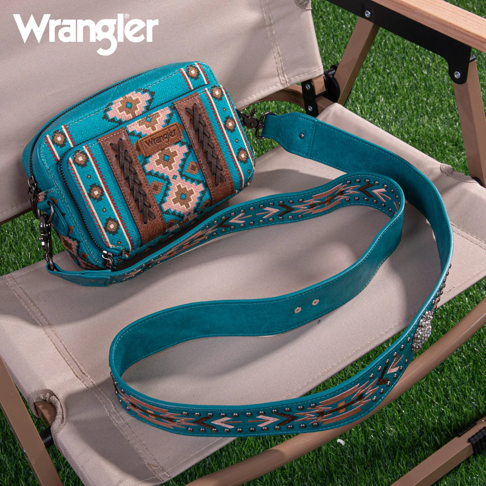 WG2207-3003  Wrangler Aztec Printed Crossbody Purse With Wallet Compartment - Turquoise