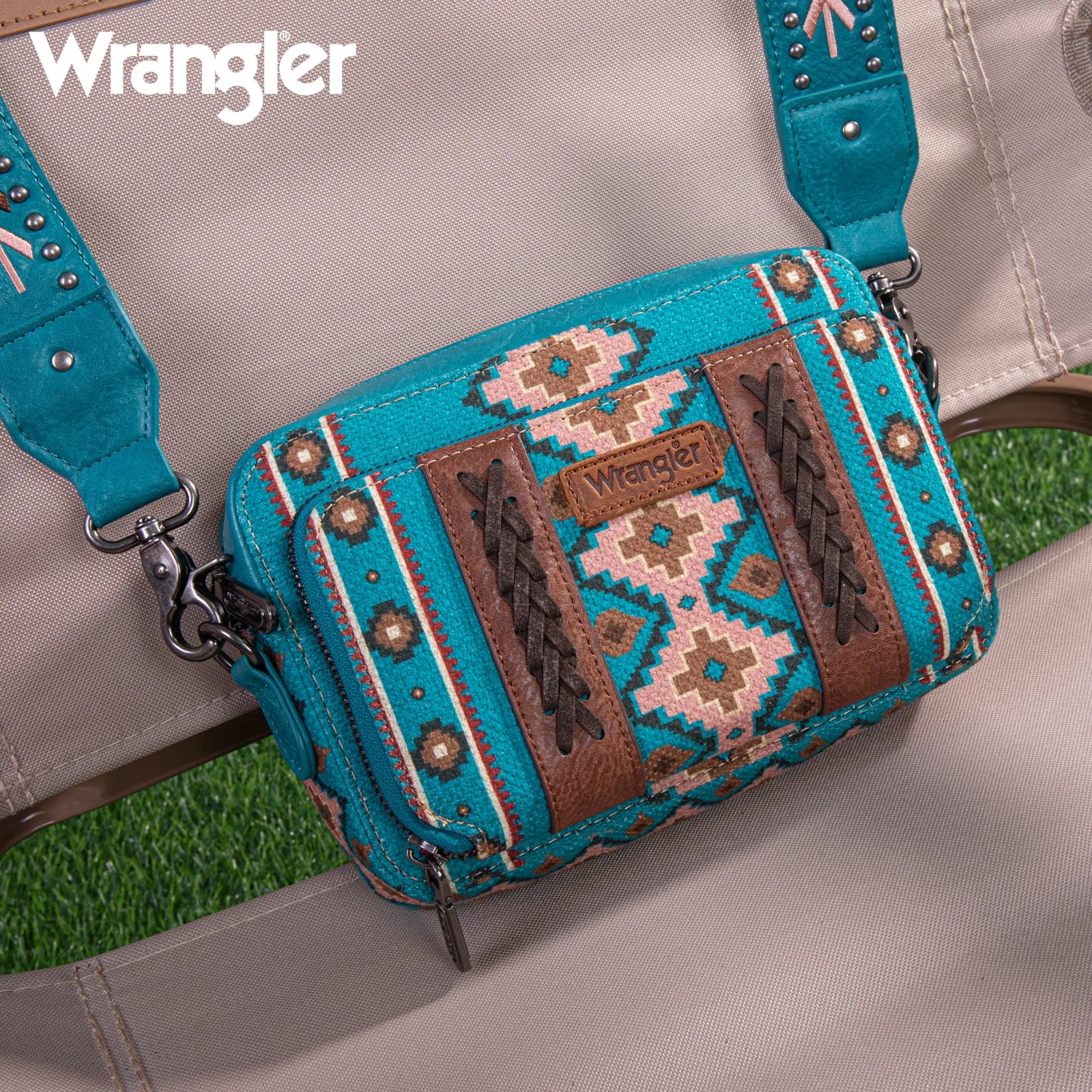 WG2207-3003  Wrangler Aztec Printed Crossbody Purse With Wallet Compartment - Turquoise