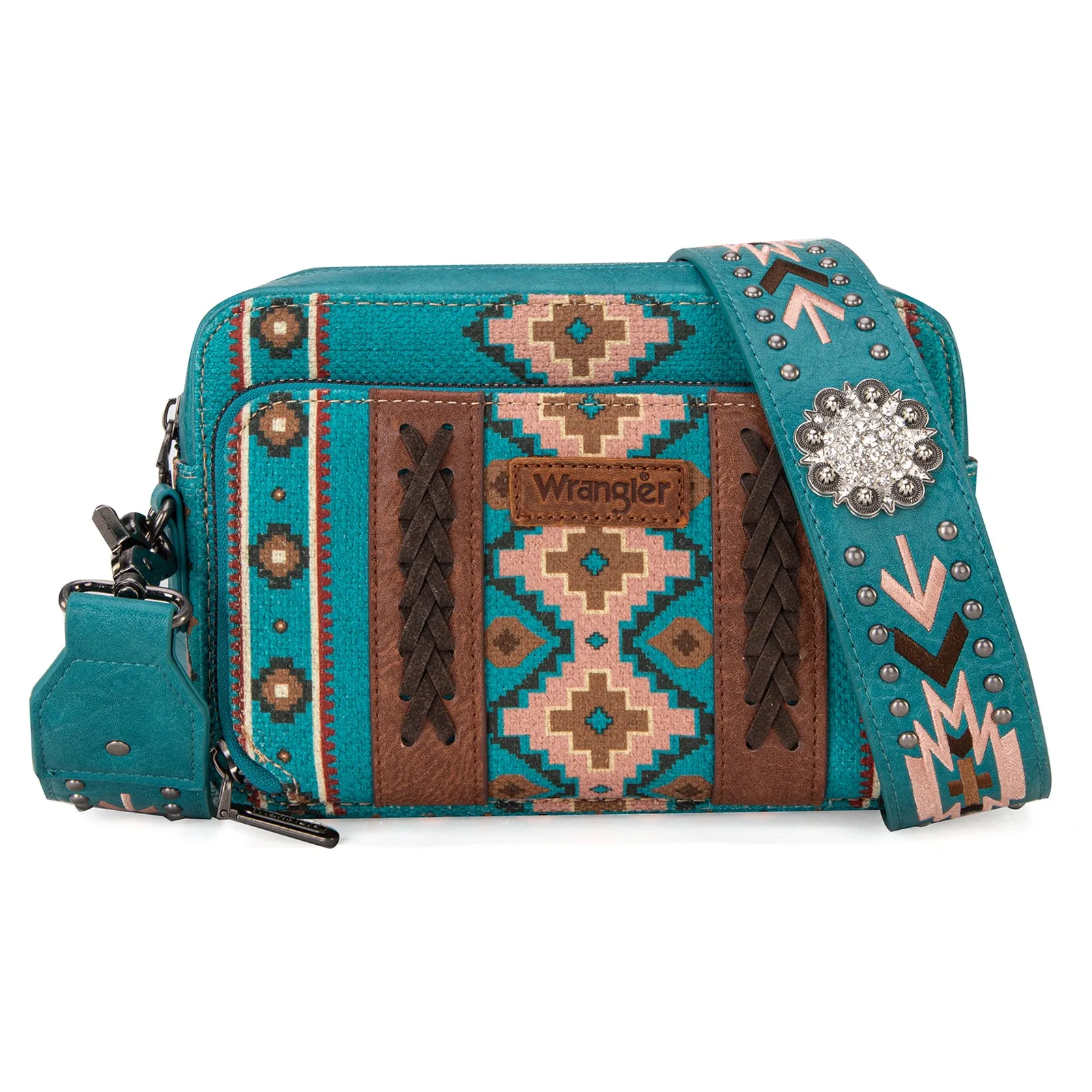 WG2207-3003  Wrangler Aztec Printed Crossbody Purse With Wallet Compartment - Turquoise