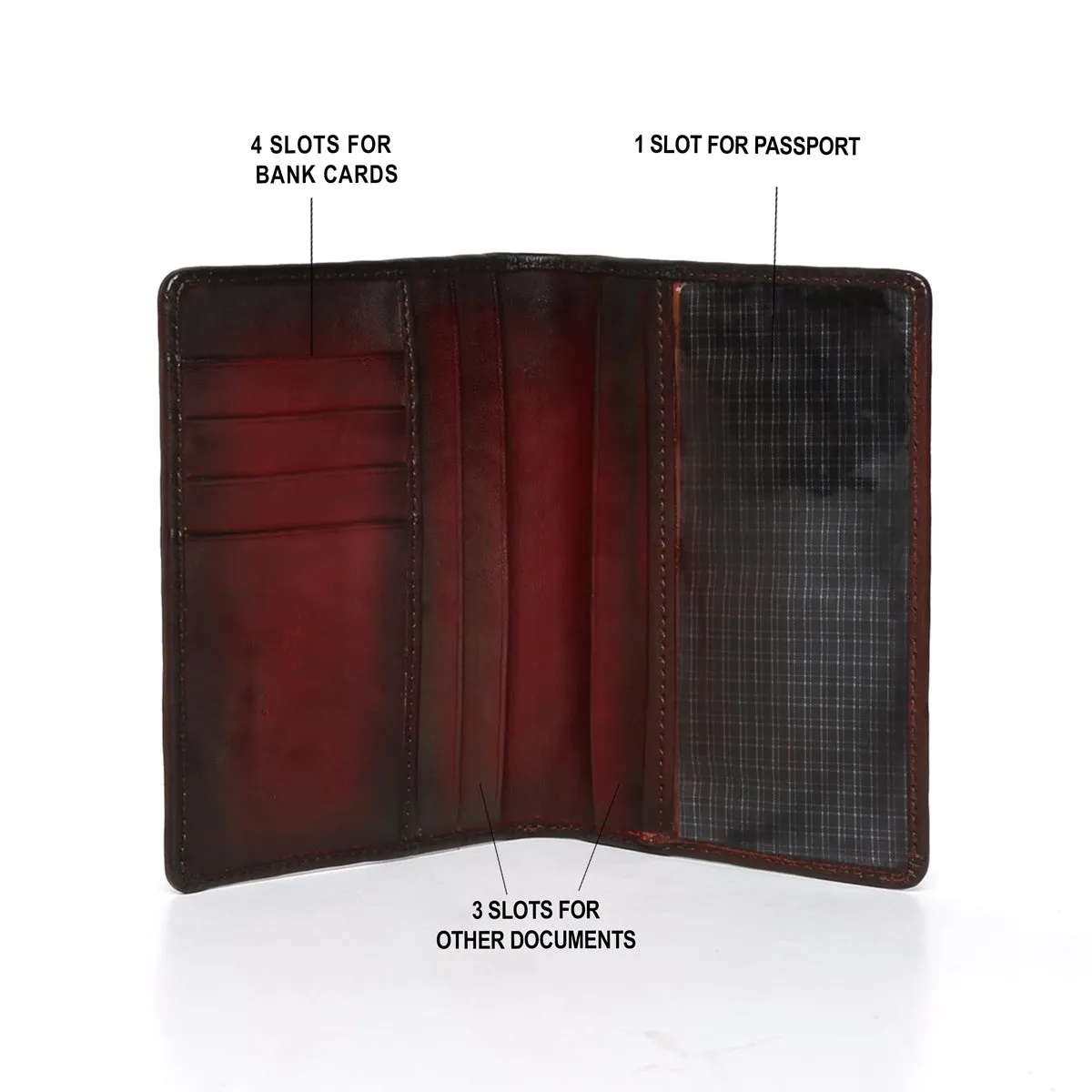 Wine Two Fold Passport Holder in Leather with card and wallet slots