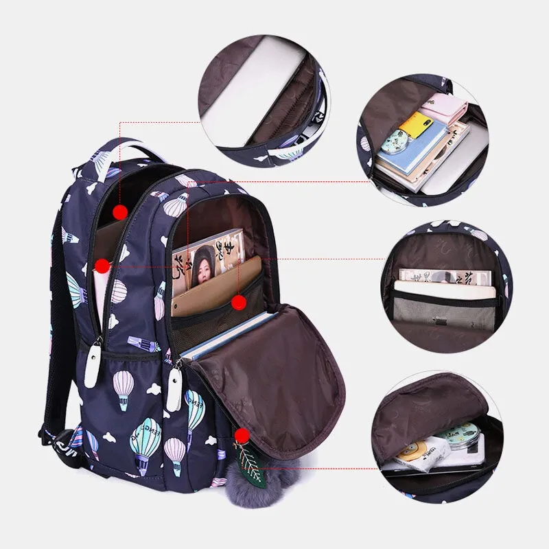 women fluffy ball print anti theft multifunction laptop bag backpack