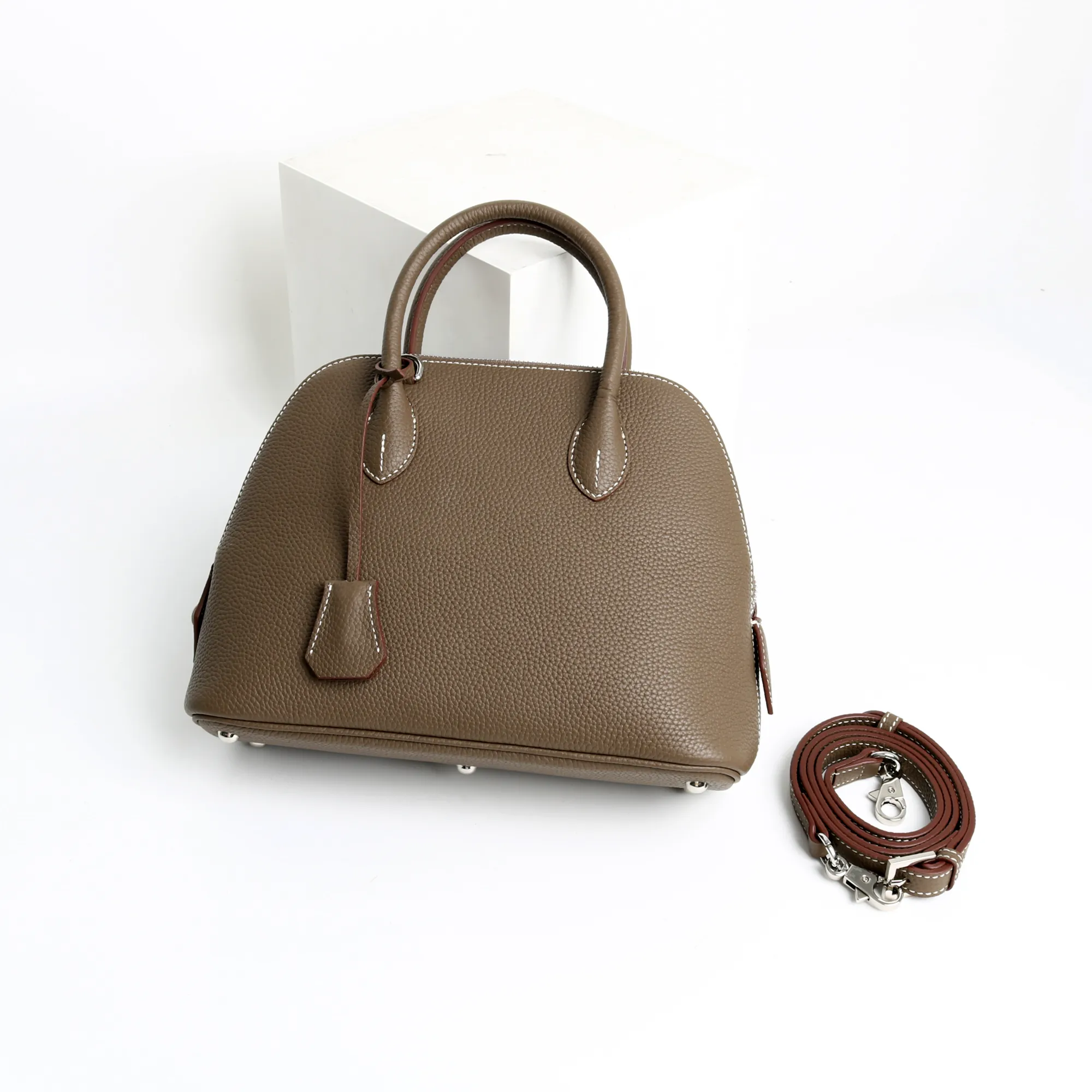 Womens Fashion Leather Bowler With Lock Cross Body Bag